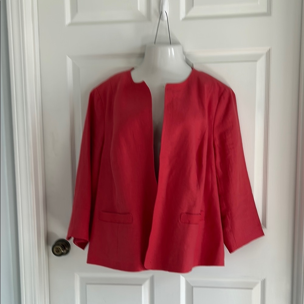 Talbots Red Blazer with Collarless Design and Three-Quarter Sleeves